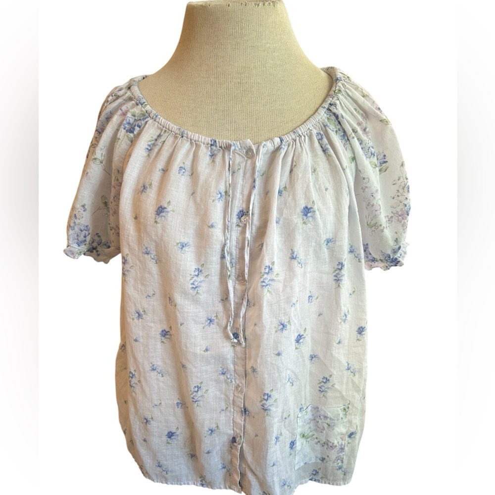 Laura Ashley Pale Blue Floral Peasant Blouse L 100% Cotton